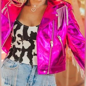 Western cowgirl metallic hot pink rhinestone jacket western wear to turn heads🤩